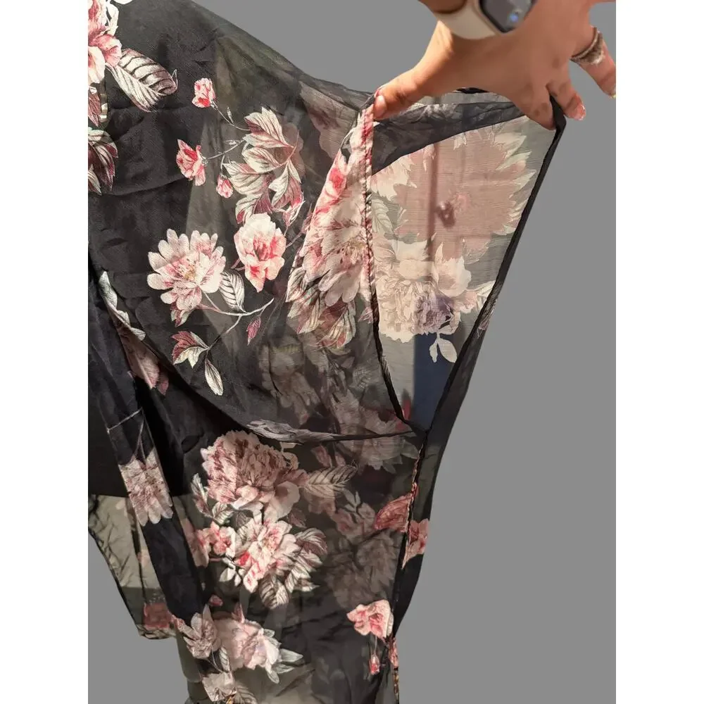 Women's Black Floral Sheer Kimono Cardigan Boho Open Front Cover Up One Size